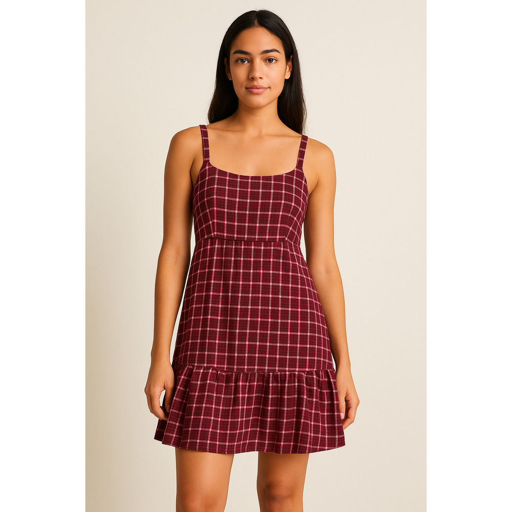 Hollister Burgundy Plaid Ruffle Hem Dress – Size M